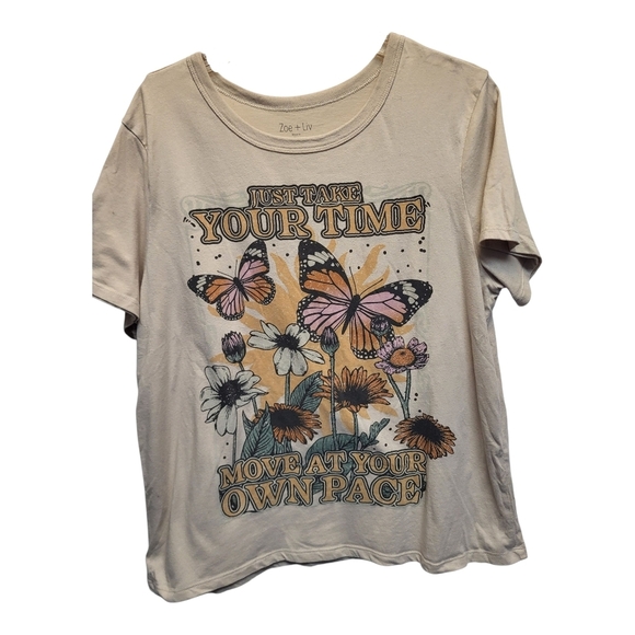 Zoe + Liv Tan & Orange Short Sleeve Tee w/ Butterflies and Floral Design-Size XL - Picture 1 of 3